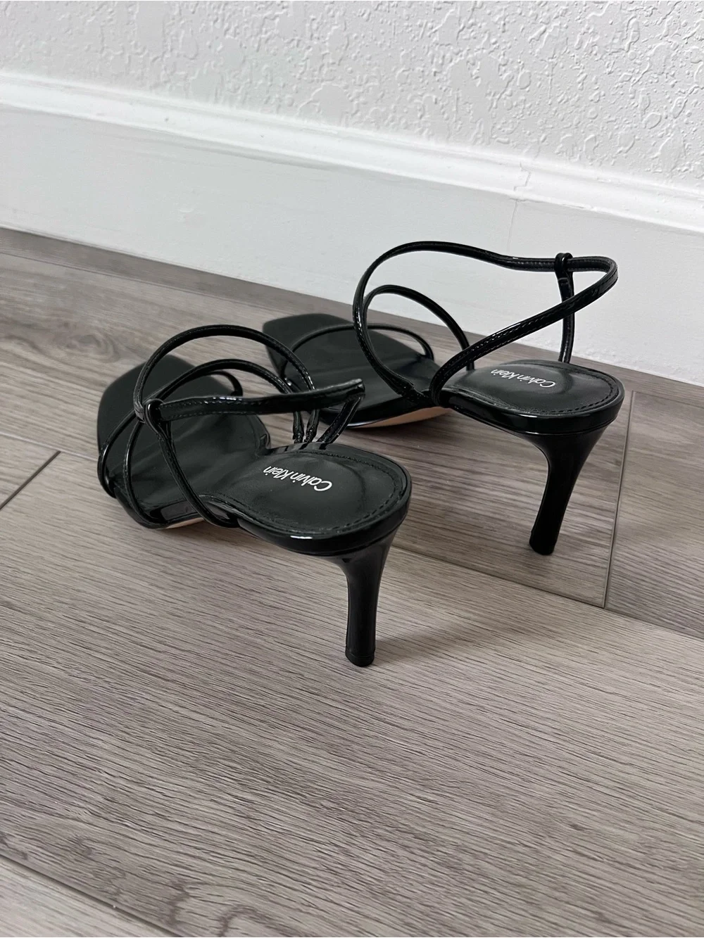Calvin Klein Black Patent Strappy High Heel Sandals Size 7.5 NWOB